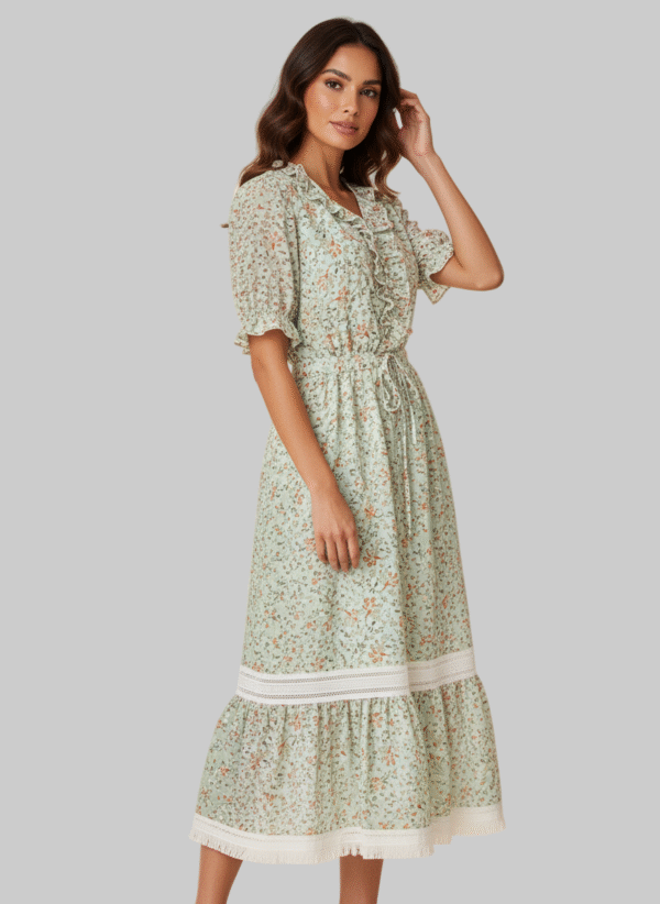 Vestido Midi Floral con Cuello Alto y Encaje